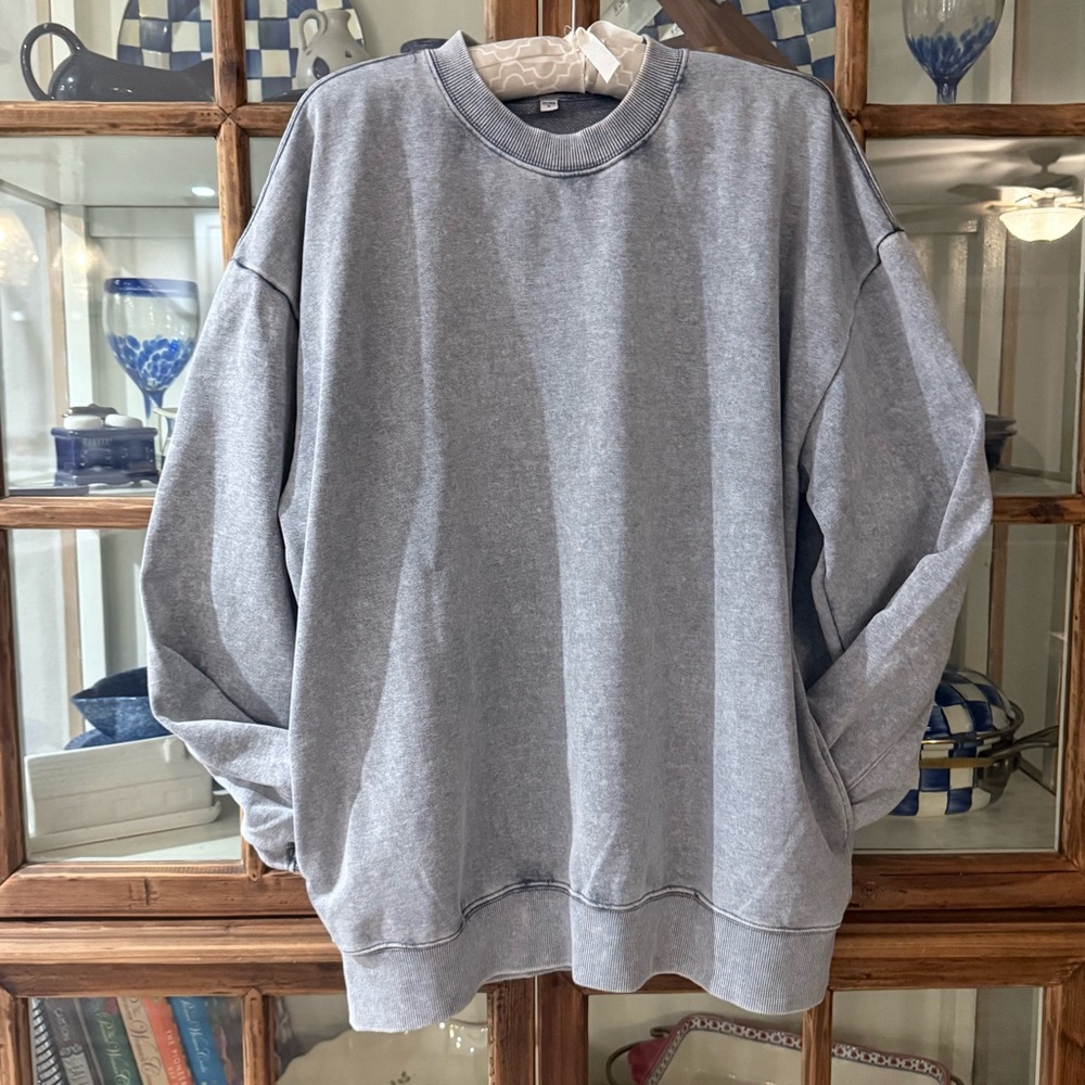 Oversized Acid Wash Crewneck Sweatshirt w Pockets Gray Small - Picture 2 of 10